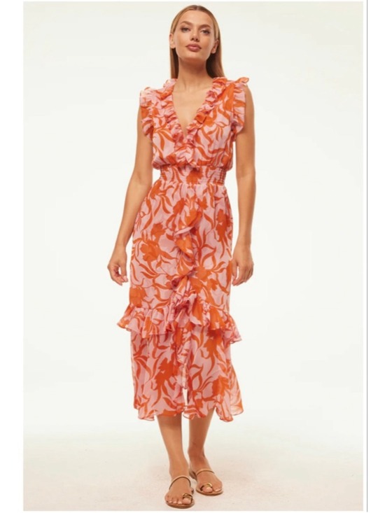 MISA Dresses & Skirts - MISA Los Angeles Kidada Atlas Floral Desert Rose Ruffle Midi Dress S